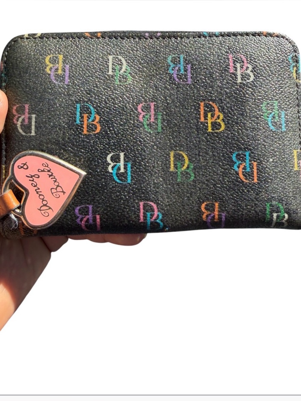 Dooney & Bourke Black Wallet with Multicolor DB Logo and Pink Heart Charm